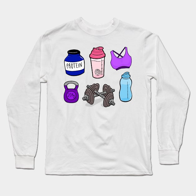 Gym Essentials Protein, Shaker, Bra, Kettlebell, Dumbbell, Water bottle Long Sleeve T-Shirt by SusanaDesigns